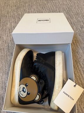 Moschino Kids Black Sneakers with Brown Teddy Bear Accent